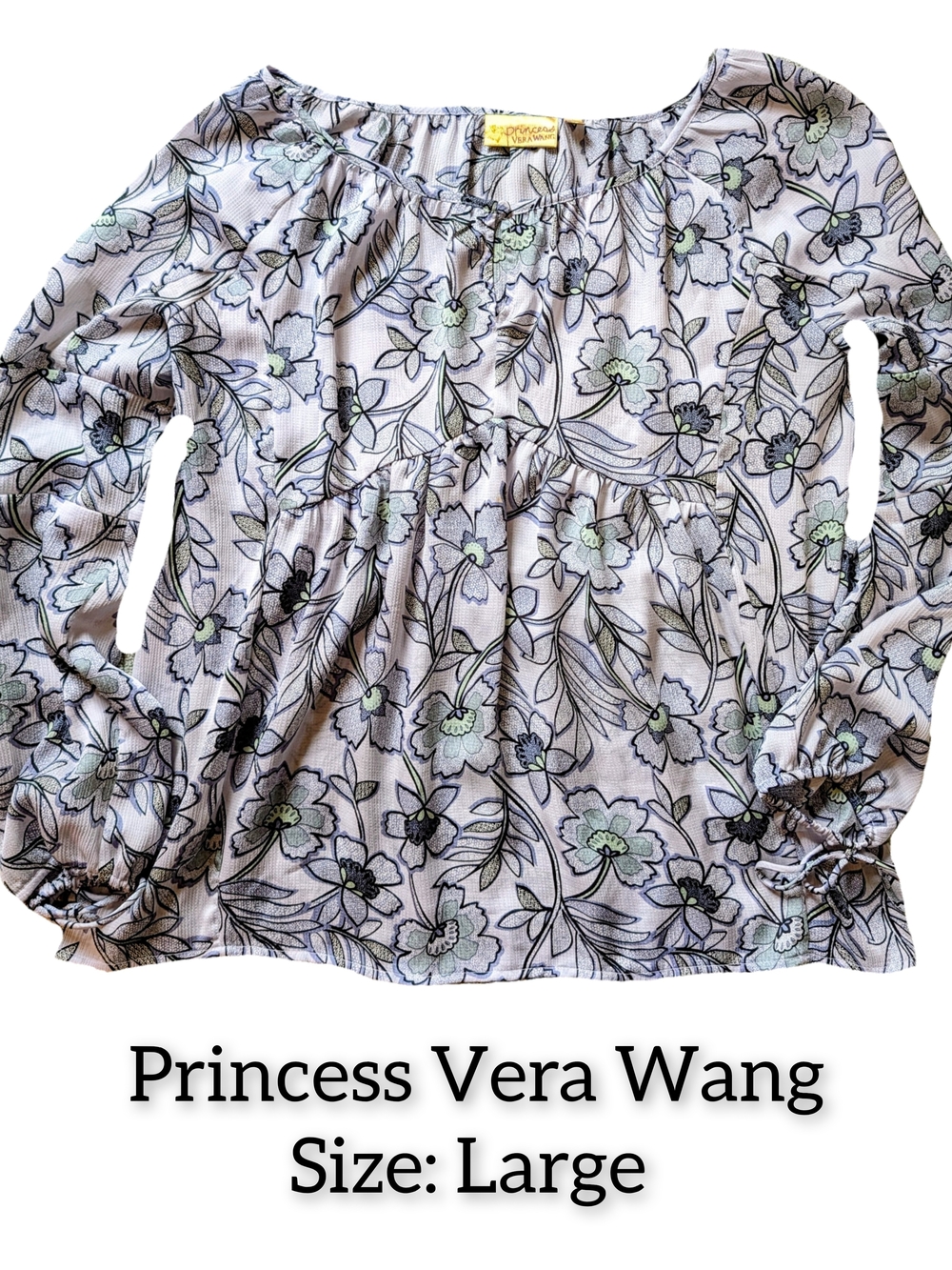 3/$15 Princess Vera Wang Floral Long-Sleeve Peasant Top - Light Blue/Green/Navy